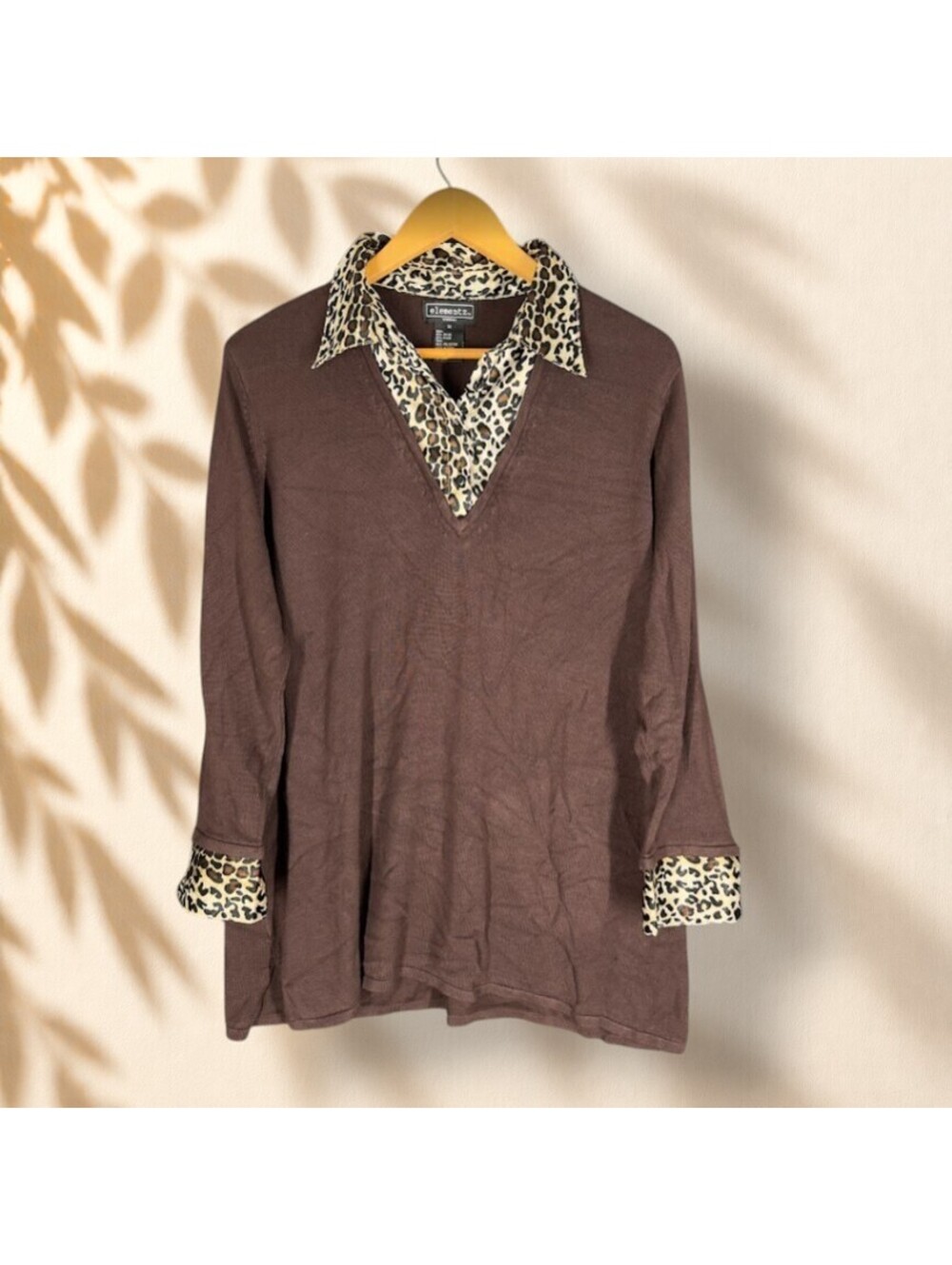 Elementz Blouse Women 1X Plus Brown Animal Print Collared Long Sleeve Rayon